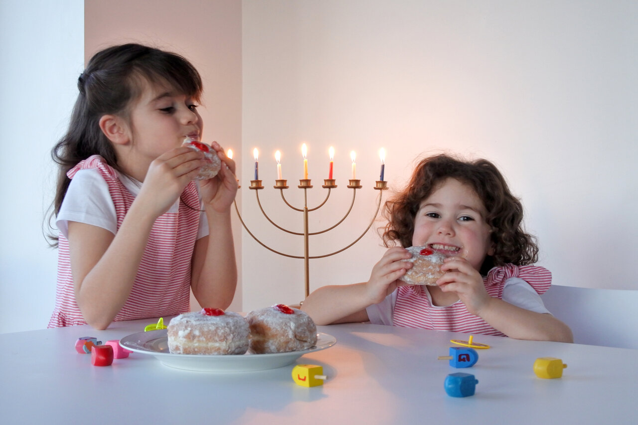 A menorah and dreidels