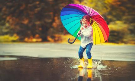 girl in a puddle with an umbrella