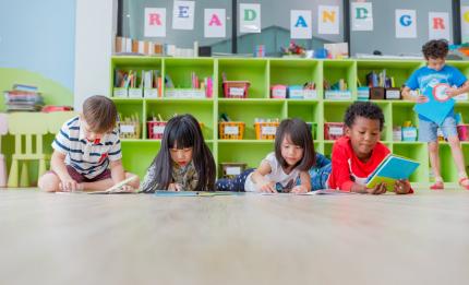 children reading in a library