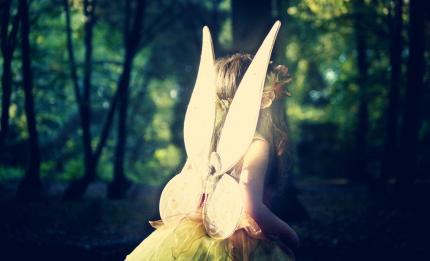 girl wearing fairy wings in forest